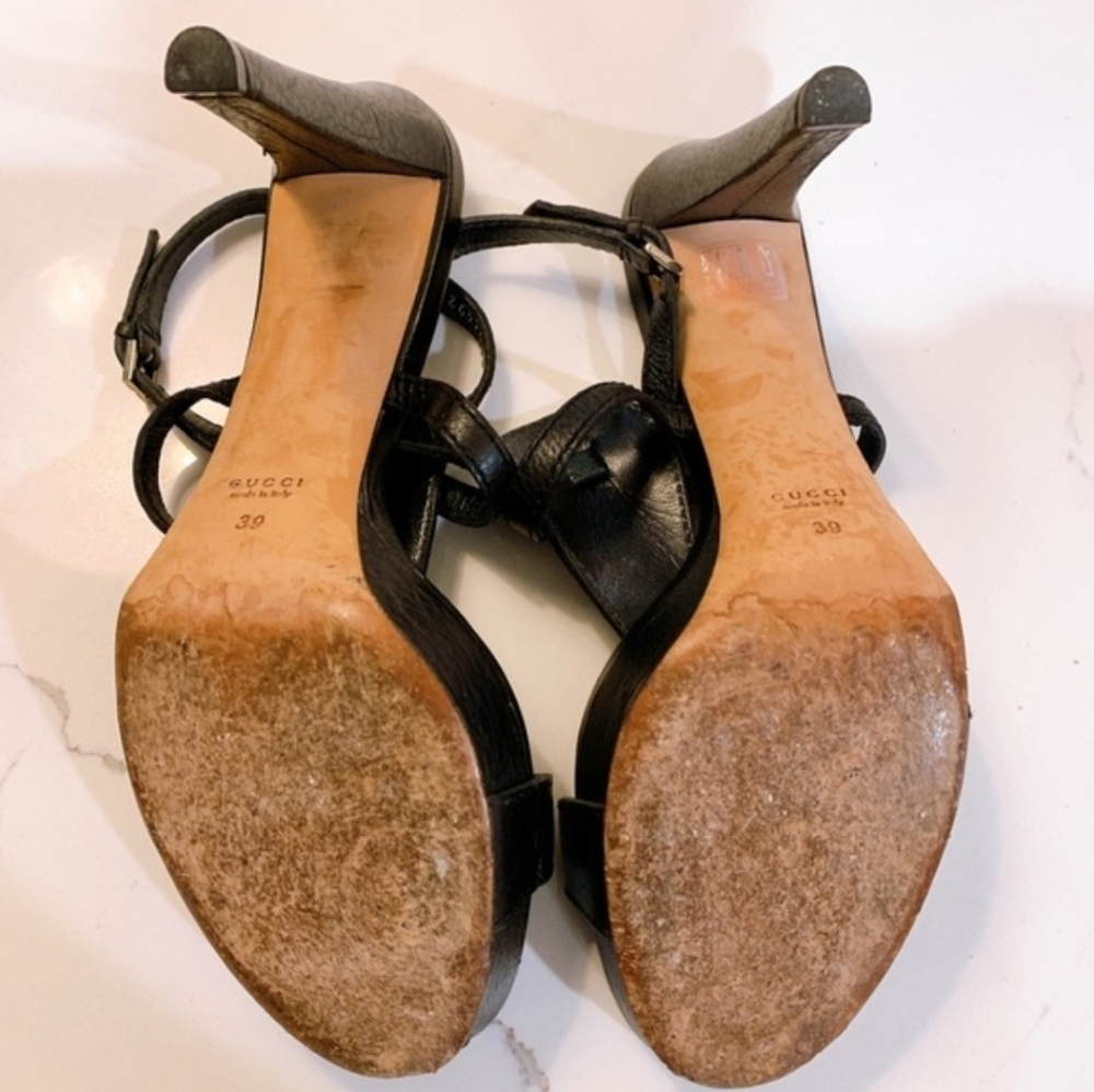 Gucci Black Textured Leather Horsebit T-Bar Ankle Strap Sandals Heels, 39 Or 9 - Picture 5 of 5